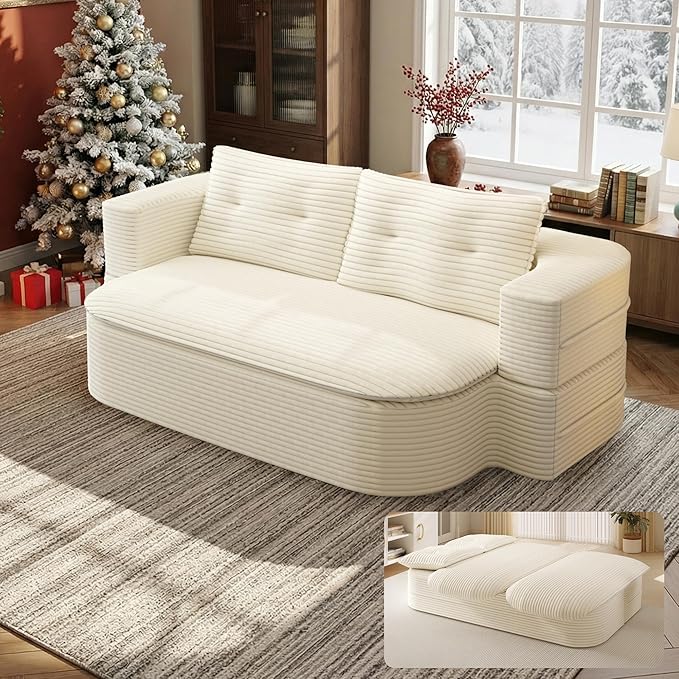 78.7'' Convertible Sleeper Sofa Corduroy Floor Foam Compression Loveseat Sofa Bed Couch Modern Folding Futon Couch Foldable Full Size Guest Bed with 2 Pillows and Blanket for Living Room (Beige)