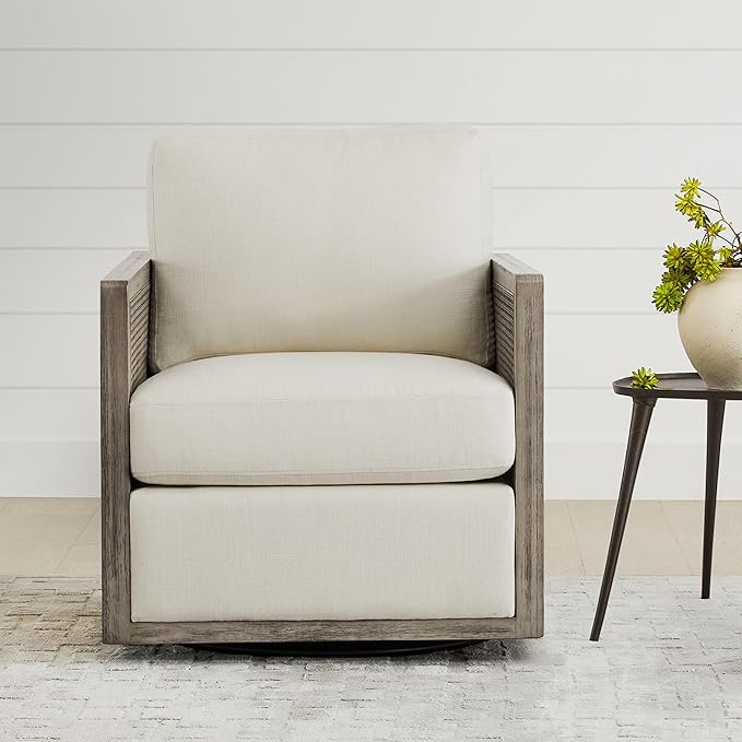 CHITA Swivel Accent Chair Rattan Arm Chair for Living Room and Bedroom Fully Assembled Cream Fabric with Grey Frame