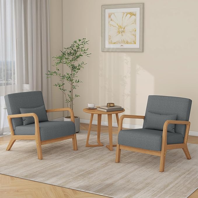 Accent Chair Mid Century Modern Armchair with Pillow Upholstered Lounge Sofa Reading Side Chair for Living Room Bedroom（Grey Set of 1