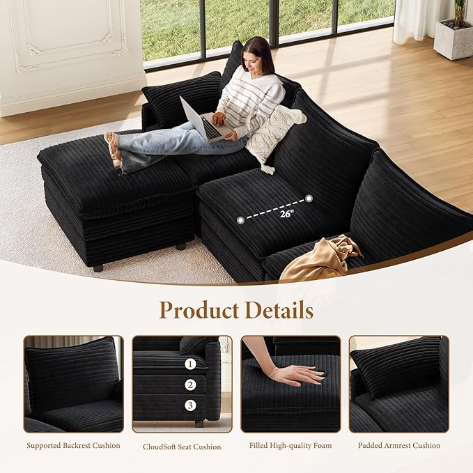 Vesgantti 142 Cloud Couch Sectional Modular Sofa Comfy Sectional Couch with Ottoman Deep Seat Corduroy L Shaped Sofa Modular Couches for Living Room Bedroom and Apartment Black