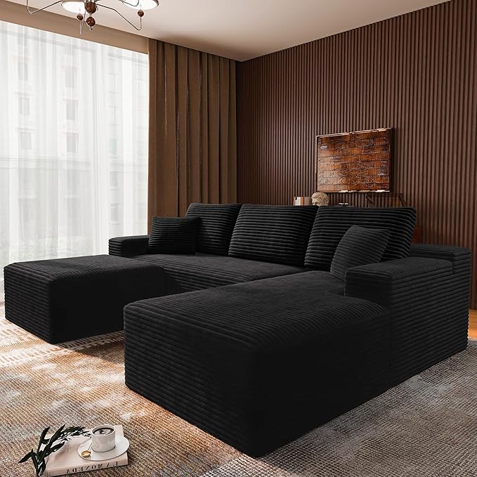 3-Piece Boneless Modular Sectional Sofa Cloud Couch Right Facing Chaise with Ottoman Oversized Deep Seat Soft Corduroy Fabric Sectional Couch for Living Room-Black