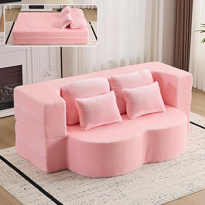 78” Convertible Folding Sofa Bed Full Size Sleeper Loveseat Chenille Full Foam Floor Couch for Living Room Bedroom No Assembly Required (Pink)