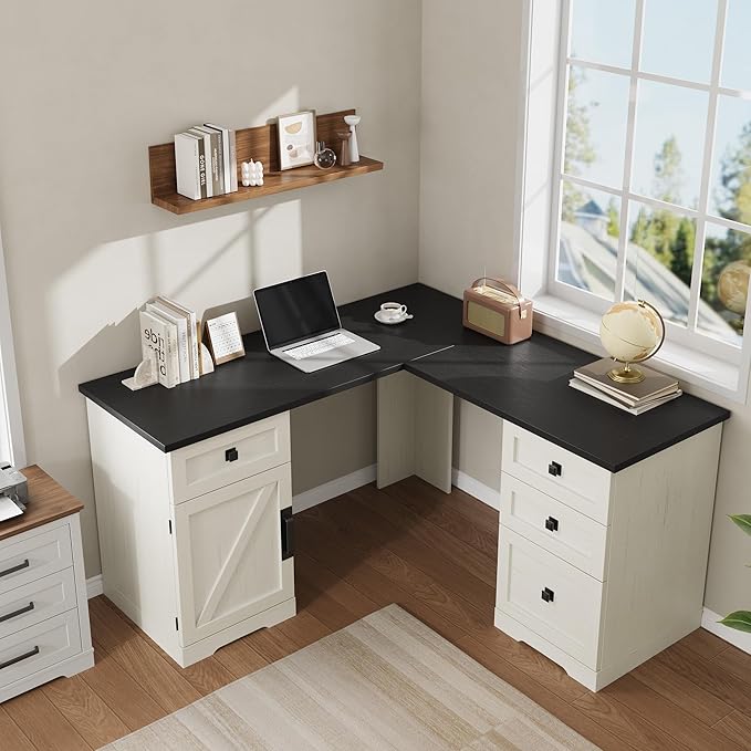 60 L Shaped Executive Desk Farmhouse Style Home Office Corner Computer Desk with File Drawers and Adjustable Side Storage Cabinet Black
