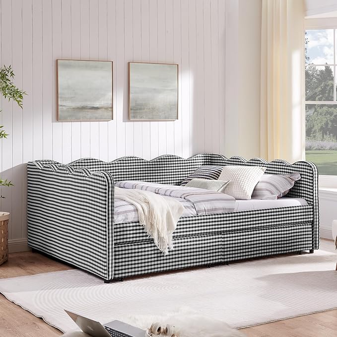 Cozy Gingham Daybed with 2 Drawers Queen Size Sofa Bed No Box Spring Needed with USB Port and Adorable Wave Shaped Linen Fabric Navy (Black+Queen+2 Drawers)
