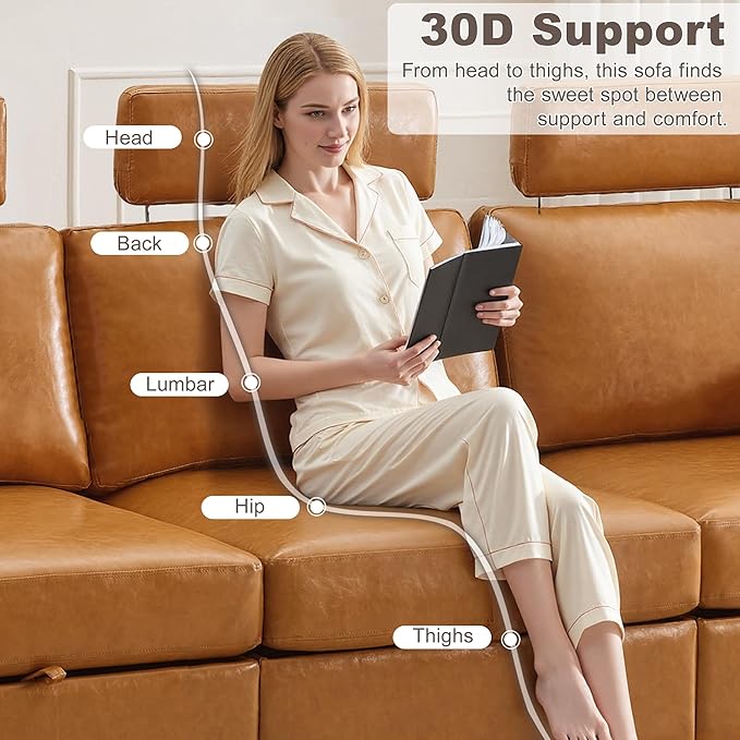 98.2 Modular Sectional Storage Couch Oversized Faux Leather L Shaped Couch Modern Cloud Upholstered Sofa with Headrest &amp Side Pocket Sectional Sofa for Living Room Apartment Small Spaces Brow