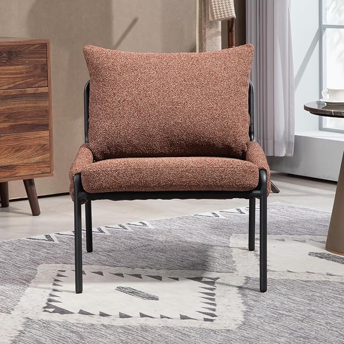 Modern Accent Lounge Chair with Braided Upholstery and Metal e Comfortable Armchair for Living Room or Bedroom Soft Cushioned Seat and Backrest Set of 1 (Brown)