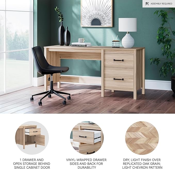 Signature Design by Ashley Battelle Casual 60 Home Office Desk with 1 Drawer and Cabinet Door Light Brown