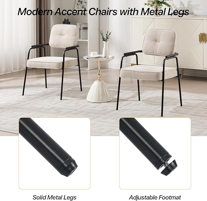 Accent Chair Dining Chair Set of 4 Chenille Upholstered Armchair Reading Side Chair Comfy Living Room Chair with Black Metal Legs for Bedroom Waiting Room Beige