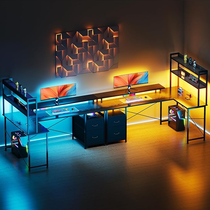 L Shaped Gaming Desk with ShelvesReversible Computer Gaming Desk with LED Lights and Charging StationHome Office Corner Desk with Monitor StandBlack