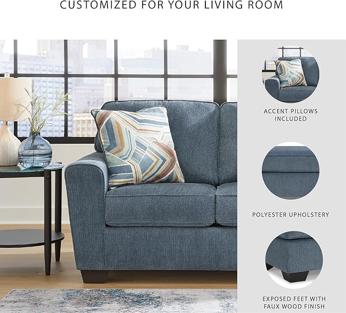 Signature Design by Ashley Cashton Contemporary Loveseat Exposed Feed With Faux Wood Finish Accent Pillows Fabric Upholstery 63 W x 38 D x 39 H Blue