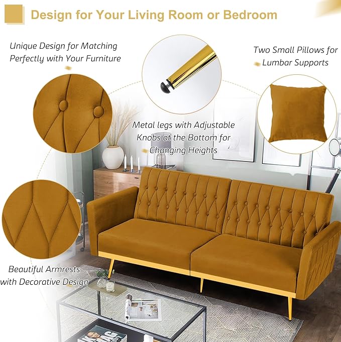 70” Velvet Futon Sofa Bed with 2 Pillows and Adjustable Armrests Convertible Sleeper Bed W/Adjustable Backrests Modern Loveseat for Living Room Bedroom Ginger