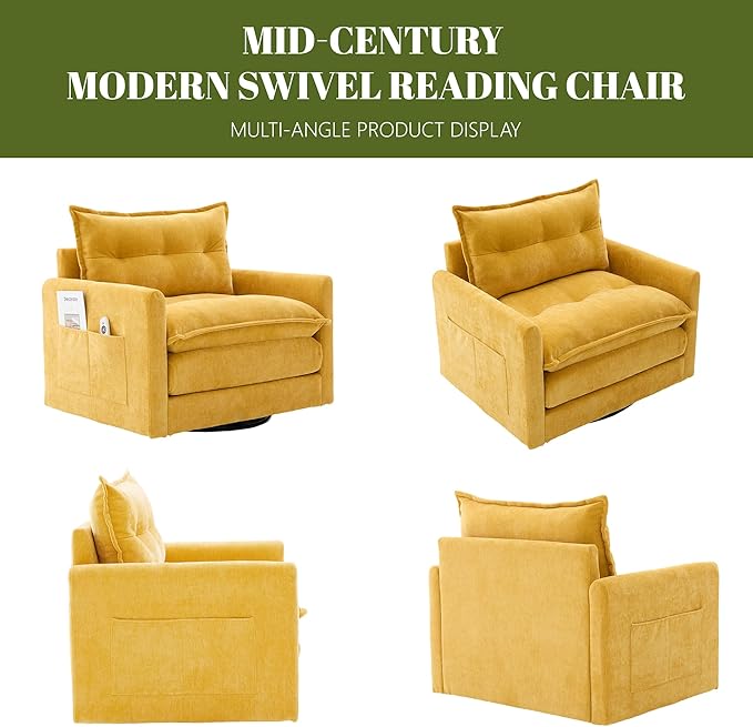 Square Swivel Chair360°Rotation Armchair for ReadingPlush Chenille Upholstered Accent Club Chair with ArmsModern Single Cloud Sofa Chair for Living Room Bedroom (1 Mustard Yellow)