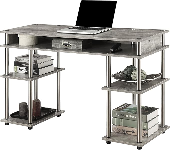 Convenience Concepts Designs2Go No Tools Desk Home Office Desk with Shelves Corner Shelf Vanity Desk Computer Desk Nail Table for Nail Tech - 47.25 L x 15.75 W x 30 H Faux Birch
