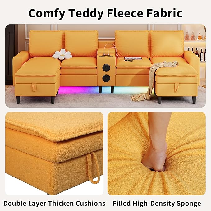 120 Sectional Couches for Living Room 6 Seater Sectional Sofas with Bluetooth Speaker &amp LED Light Modern Teddy Fleece U Shaped Sofa Couch with Storage/Charging Ports/Cup Holder (Yellow Couch)