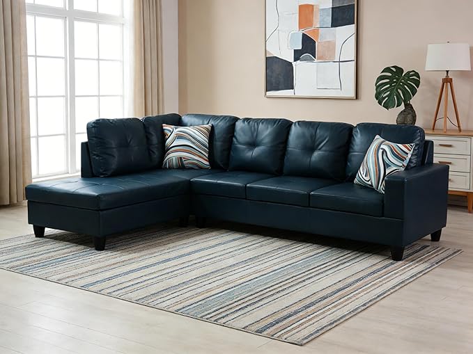 103.5 Inch Modern L-Shaped Couch PU Leather Sectional Sofa with Chaise Lounge 4-Seater Couch with Accent Pillows for Living Room Apartment Blue