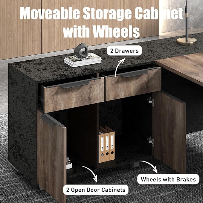 78.75 Inch L Shaped Executive Office Desk with 2 Drawers Large Office Desk with File Cabinet Modern Home Office Desk w/4 Wheels Moveable Stand Under Desk Storage Organizer Oak