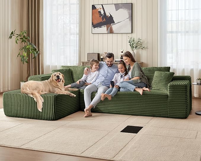 LINSY 106'' Cloud Sectional Couch - Plush Corduroy Modular Sofa with L-Shape Chaise Comfy Foam Couches for Living Room Apartment Compressed Couch No Assembly Required Green