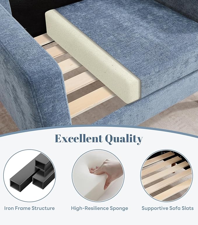 Kingfun 91.7 3 Seater Sofa with Chair Chenille Couch Mid Century Modern Couches with Solid Wood Legs for Living Room &amp Bedroom Light Blue