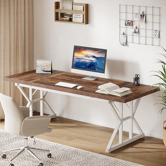 Tribesigns 70.86-Inch Large Executive Desk Industrial Home Office Computer Desk Simple Long Writing Study Table Business Furniture (Brown-White)