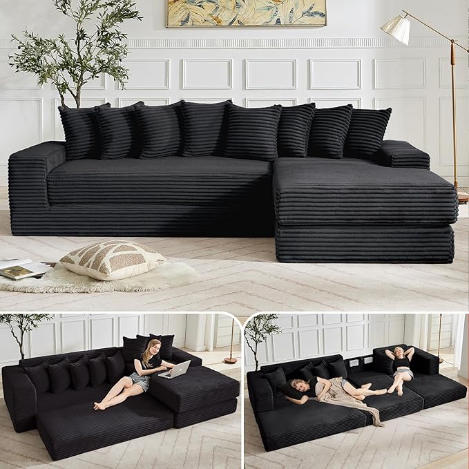 110 L-Shaped Modular Sectional Sofa with Chaise Lounge Corduroy Oversized Convertible Floor Sleeper Sofa Bed with 8 Pillows Modern Deep Seat Boneless Couches (Black 110 + Right Chaise)