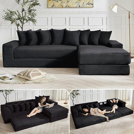 110 L-Shaped Modular Sectional Sofa with Chaise Lounge Corduroy Oversized Convertible Floor Sleeper Sofa Bed with 8 Pillows Modern Deep Seat Boneless Couches (Black 110 + Right Chaise)