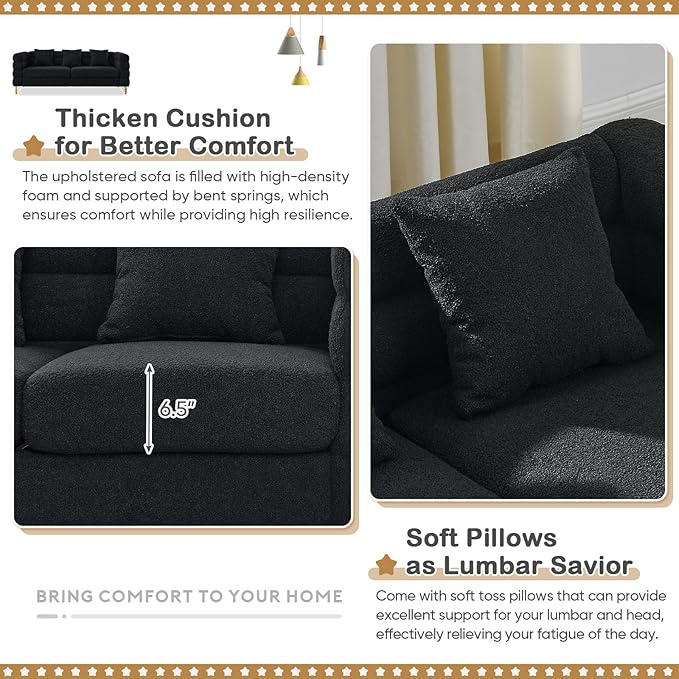 Antetek 81-inch Couches + 60-inch Loveseat Sofa for Living Room Modern Teddy Fabric Upholstered Sofa Couch with Square Arm and 4 Golden Metal Legs for Living Room Office Apartment