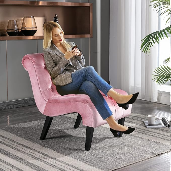 KINFFICT Velvet Accent Lounge Chair for Living Room Modern Leisure Chair with Tufted Backrest Indoor Armless Side Chair Upholstered Bedroom Sleeper Chairs with Solid Wood Legs