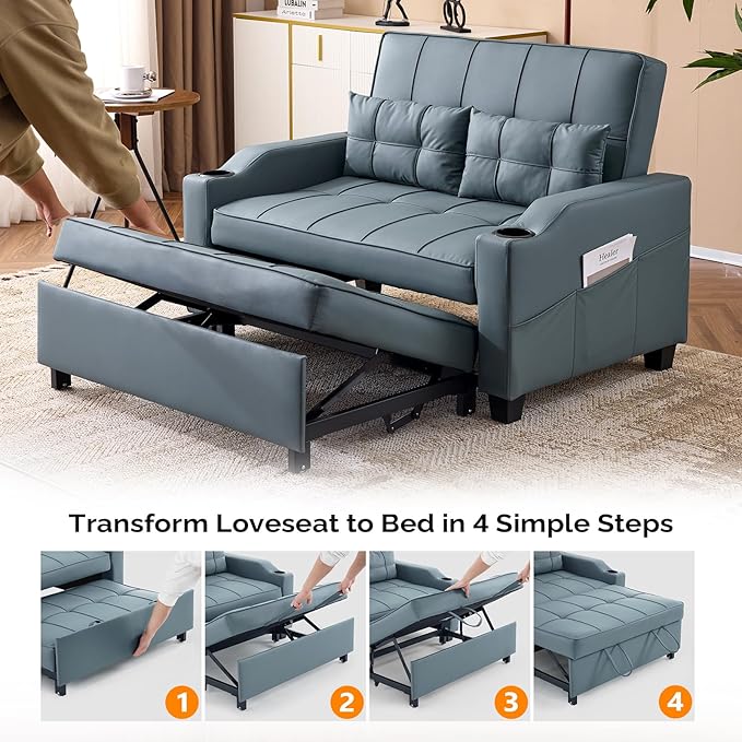 VINGLI Blue Grey Futon Sofa Bed Convertible Loveseat Sleeper Couch Faux Leather Pullout Sofa Fold Out Couch Bed with USB Ports Cup Holders Armrest for Living Room Bedroom Apartment Room