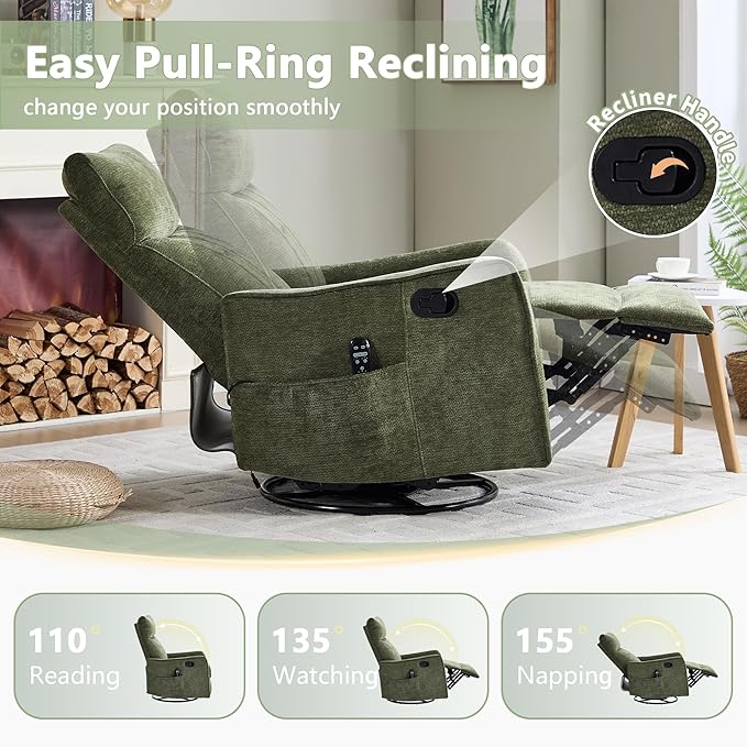cinkehome Swivel Rocker Recliner Glider Rocking Recliner Chair for Nursery Manual Reclining Chair with Heated Massage Small Spaces Living Room Olive Green Chenille