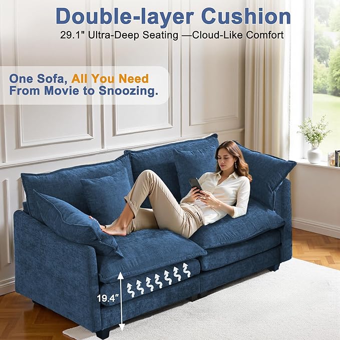 77 Cloud Chenille Sofa Set with Pillows Deep Seat Loveseat Couch for Apartments Space Saving 2-Seater with Solid Wood Frame Easy Assembly (1YR Guarantee)