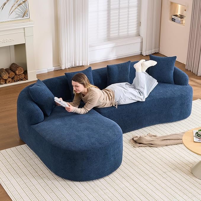 98.8 Curved Sectional Sofa with ChaiseL-Shape Sofa Lounge ChaiseBoneless Couch L Shape for Living RoomWood Grain Chenille FabricNo Installation Requirement