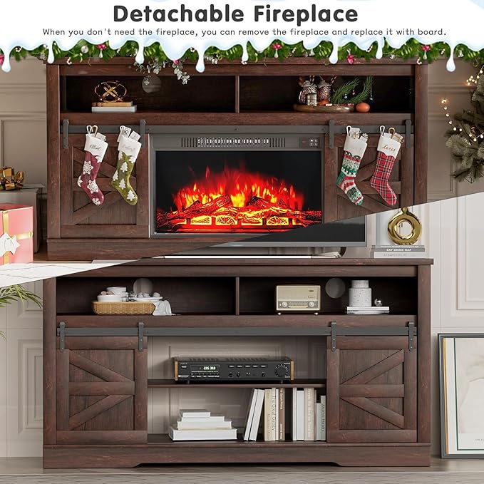 YESHOMY Fireplace TV Stand for Television up to 65+ Inch with Storage and Farmhouse Sliding Barn Doors Entertainment Center with Cabinet and Shelves Media Console for Living Room Dark Brown