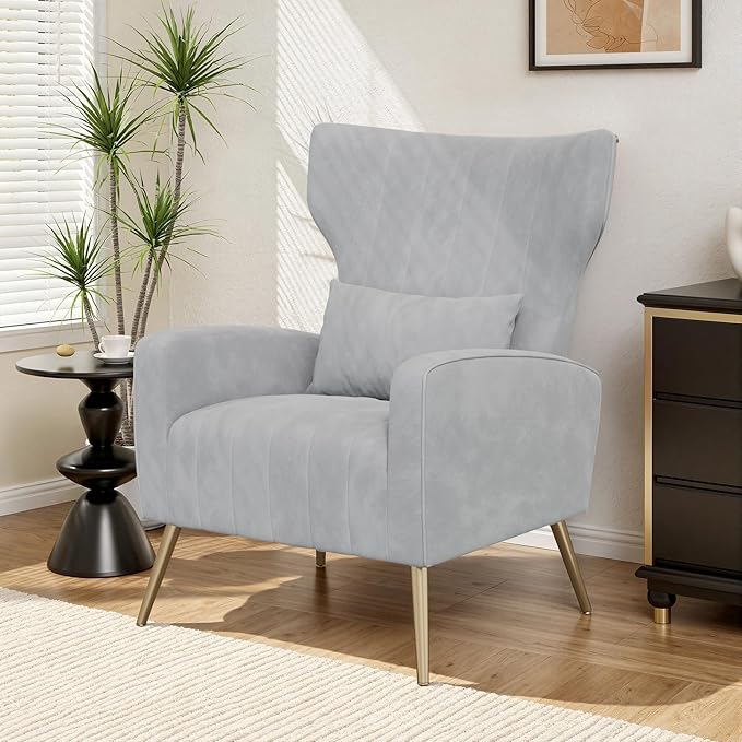 Velvet Accent Chair Wingback for Living Room High Back Arm Chair with Golden Legs Lumbar Pillow Upholstered Single Sofa Bedroom Light Gary