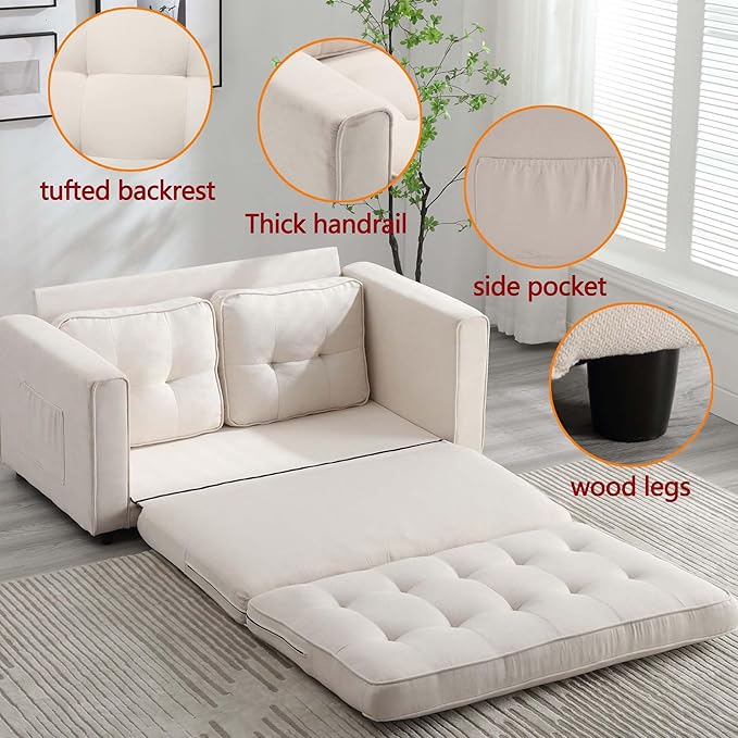 Folding Futon Sleeper Sofa with Pull Out Couch BedModern Velvet Loveseat Sleeper Convertible to Full Size Floor Couches Bed for Living Room Bedroom Small Space (Beige)