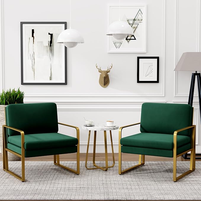 ALISH Accent Chairs Set of 2 Upholstered Armchair Modern Living Room Chairs Linen Arm Chair Side Sofa Chairs Reading Chairs with Metal Legs for Bedroom Living Room (GreenSet of 2)