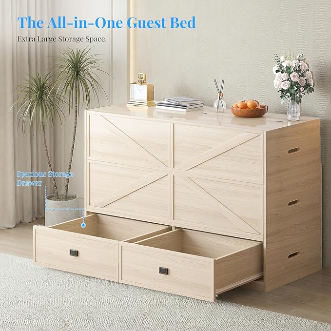 PUREMIND Murphy Bed Queen with Mattress Included Wood Cabinet Bed with Dual Storage Drawers &amp 2 Pillows 3-in-1 Convertible Sofa Beds for Small Space Guest Room Home Office Natural