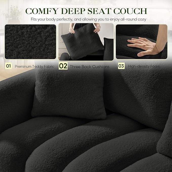 35 Cloud Couch Sofa Accent Chair for Living Room Comfy Plush Teddy Couch Sofa with Pillows and Back Cushions Cozy Modern Deep Seat Reading Chair for Bedroom Apartment Office Black