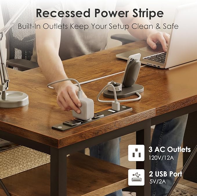 AODK 55 inch L Shaped Computer Desk with Drawers Reversible Computer Desk with Storage Shelves Home Office Desk with Built-in Power Outlet Rustic Brown