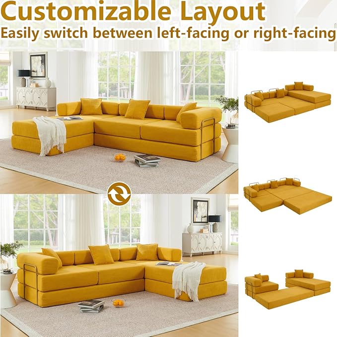 108 Modular Sectional SofaFuton Convertible Sofa BedOversized Corduroy Boneless Couch for Living RoomFloor Loveseat Sleeper with Pull Out BedFree CombinationNo Assembly Required (Yellow)