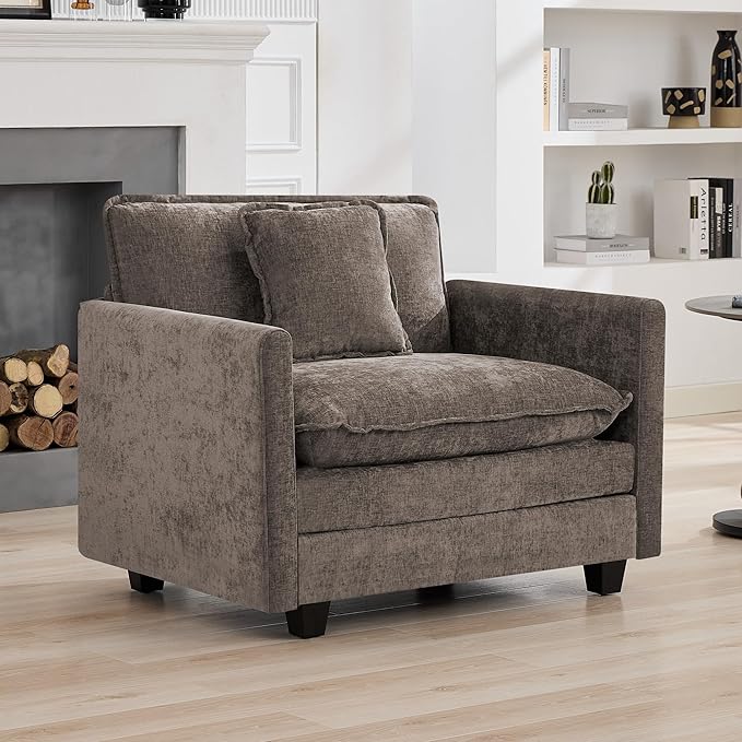 41'' Modern Chenille Oversized Chair Upholstered Accent Living Room Chair with Extra Thicked Deep Seat Single Lounge Chair for Bedroom Small Apartment Brown