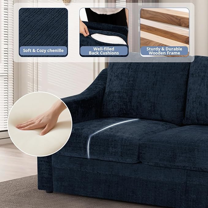 67” Chenille 2-Seat Sofa w/Comfortable Back Cushions Modern Love Seat w/Deep Seat Space Upholstered 2 Seater Couch w/High Resiliency Foam for Living Room Office Blue