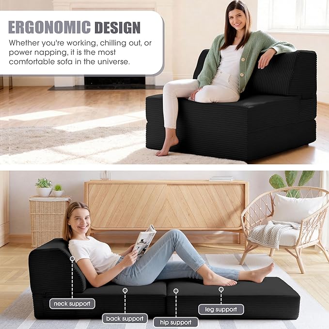 Folding Sofa Bed with Pillow Memory Foam Fold Out Chair Bed Convertible Sleeper Chair with Washable Cover Futon Floor Couch for Living Room/Dorm/Guest Use/Home Office/Apartment Black