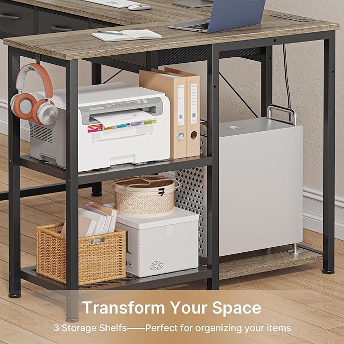 Gizoon 53 Inch L Shaped Computer Desk with Drawers Corner Desk with Power Outlets &amp Reversible Storage Shelves with CPU Stand and 2 Hooks for Home Office Gaming (Grey)