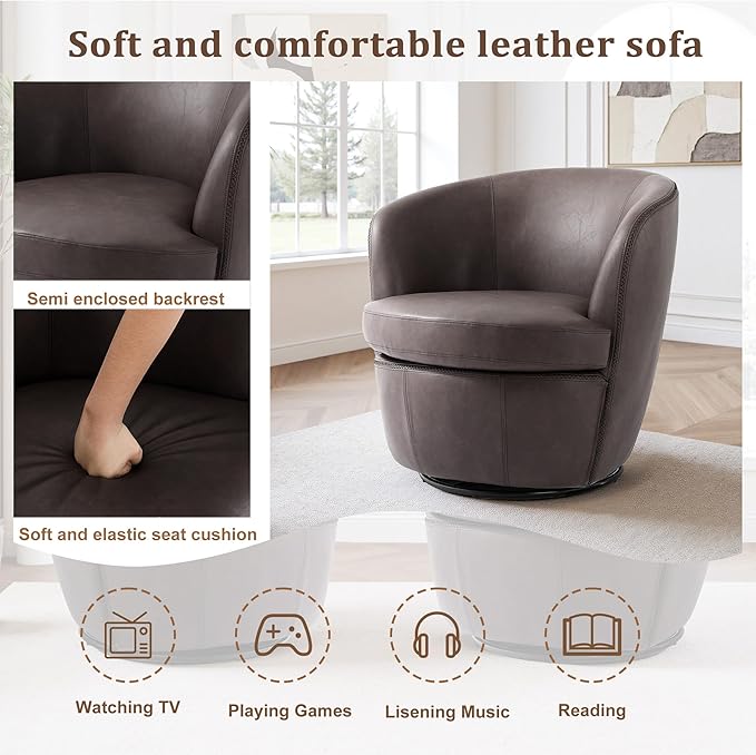Swivel Barrel Chair Modern Round PU Leather Accent Armchair for Living Room Bedroom Comfy Club Reading Chairs for Adults (Leather Chocolate Set of 2)