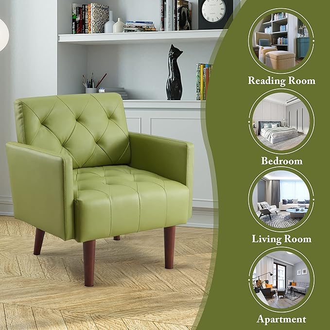 Faux Leather Accent Chair Modern PU Armchair Retro Tufted Upholstered Arm Chair Comfy Leather Club Chair Single Sofa for Living Room Bedroom Reading Room Apartment(Green)
