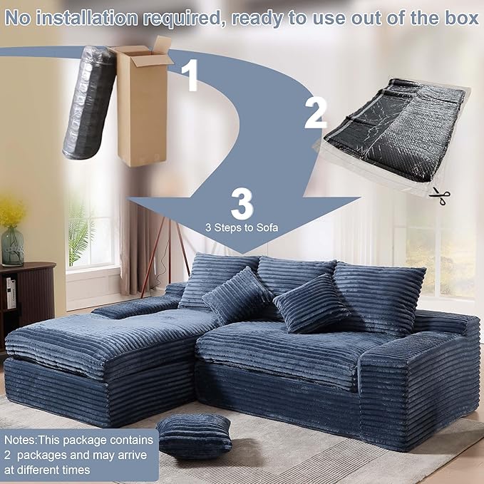 98.8 Cloud L Shape Sectional Couch with Deep Seat Modern Boneless Compressed Sofa with Chaise 4 Seat Corduroy Couches for Living Room Bedroom No Assembly Required (Blue)