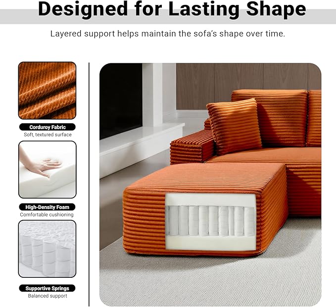 111 Inch Modular Sectional Sofa Couch Oversized Modern Cloud Couch for Living Room L Shape Couches with Ottomans USB Ports and Cup Holders Orange Corduroy Boneless Sofas Sofa in a Box