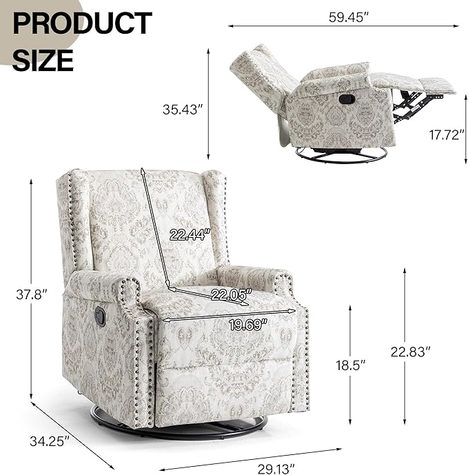 Swivel Rocker Recliner Chair Manual Nursery Glider Recliner Floral Fabric Wingback Accent Chair with Adjustable Backrest &amp Footrest for Small Spaces Living Room Bedroom (Beige Set of 2)