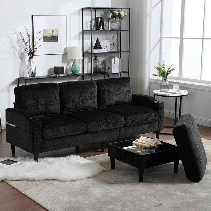 L Shaped Couch with Storage Ottoman 77 Chenille Small Sectional Couches with 2 Cup Holders &amp Storage Pocket for Small Space Comfy Cloud Sectional 3 Seater Couch Black
