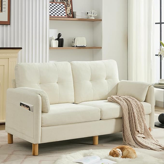 65 Chenille Loveseat Sofa Modern 2-Seater Love Seat Couch with Armrest Pillows Storage Pockets Easy Assembly Upholstered Tufted Loveseat Sofa Couches for Living Room Bedroom Beige